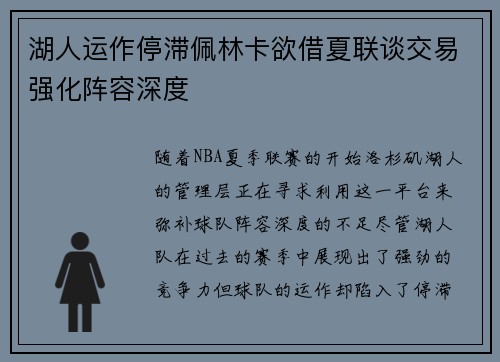 湖人运作停滞佩林卡欲借夏联谈交易强化阵容深度