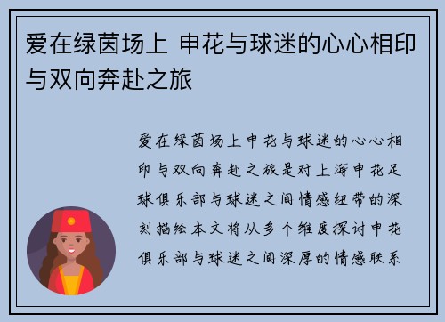 爱在绿茵场上 申花与球迷的心心相印与双向奔赴之旅